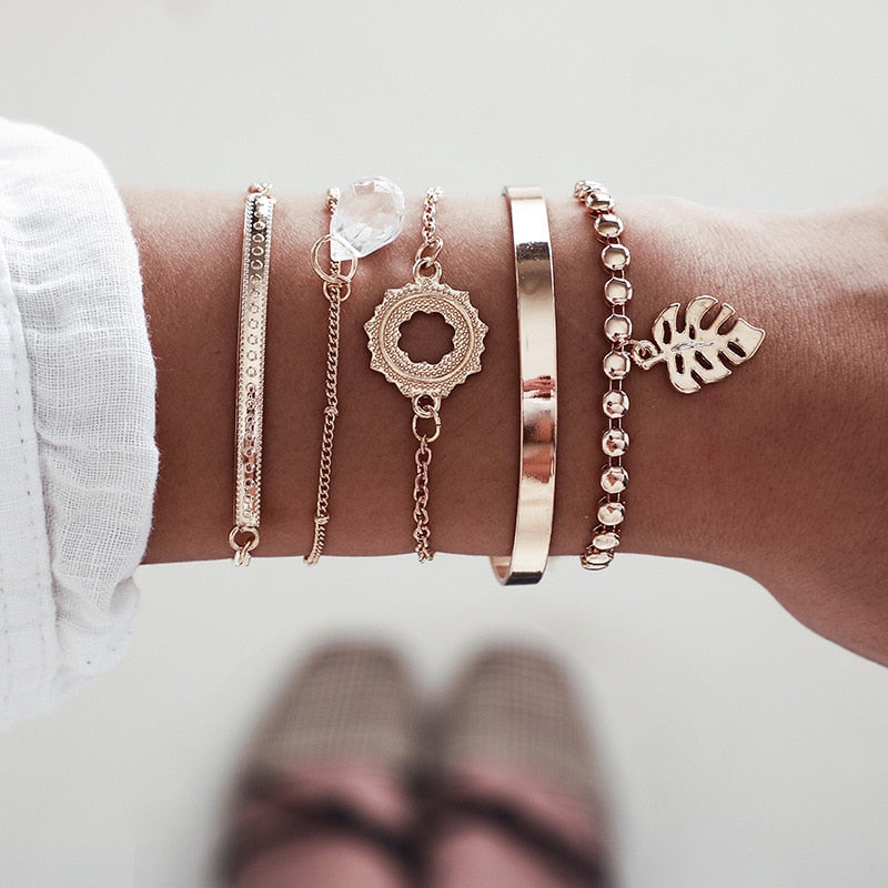 31 Styles Boho Mixed Leaves Letter Map Geometric Crystal Infinity  Pentagram Shell Multi-layer Chain Bracelet Women