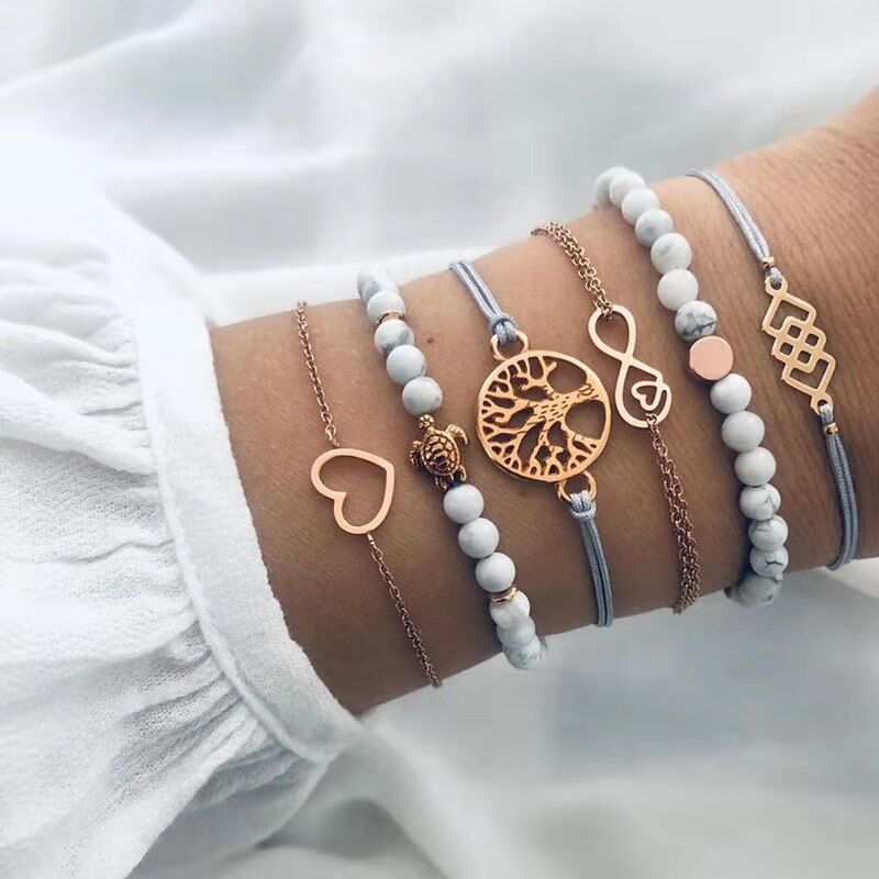 31 Styles Boho Mixed Leaves Letter Map Geometric Crystal Infinity  Pentagram Shell Multi-layer Chain Bracelet Women