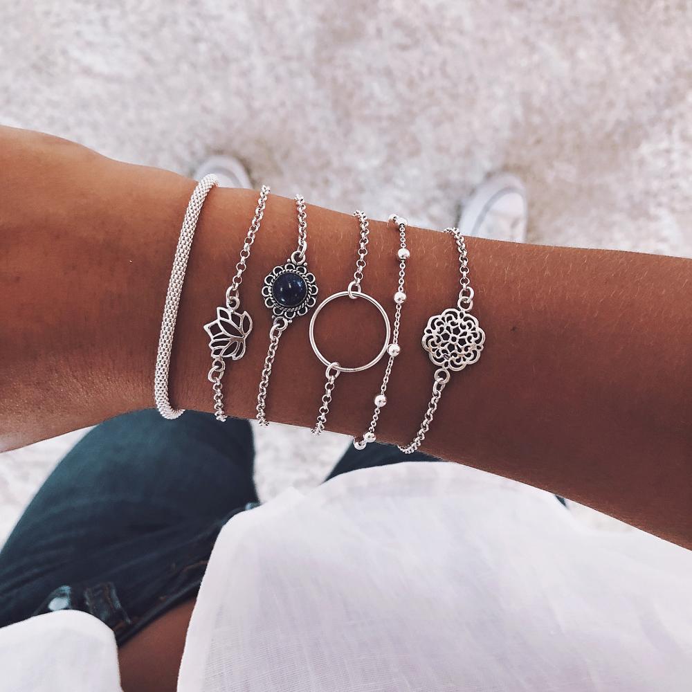 31 Styles Boho Mixed Leaves Letter Map Geometric Crystal Infinity  Pentagram Shell Multi-layer Chain Bracelet Women