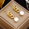 316 Stainless Steel 18K Gold-plated Baroque Pearl Pendant Earrings geometric Cuban Chain Freshwater Pearl Earrings for female