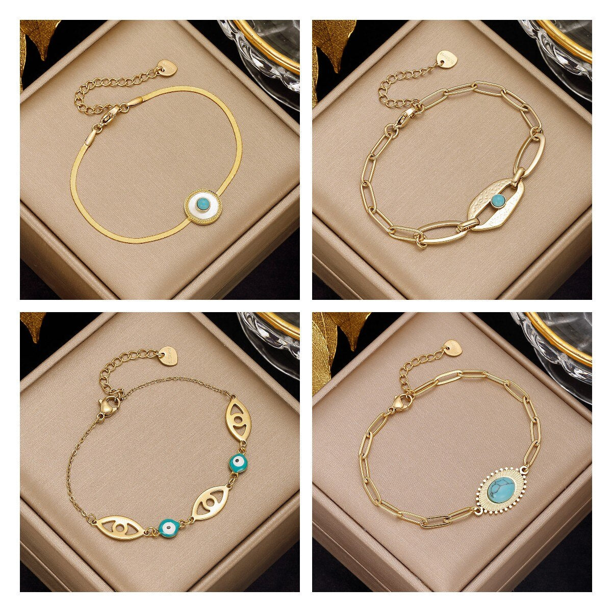 316 Stainless Steel Green Stone Eye Charm Bracelet For Women  Girls Multilayer Wrist Vintage Jewelry Gift