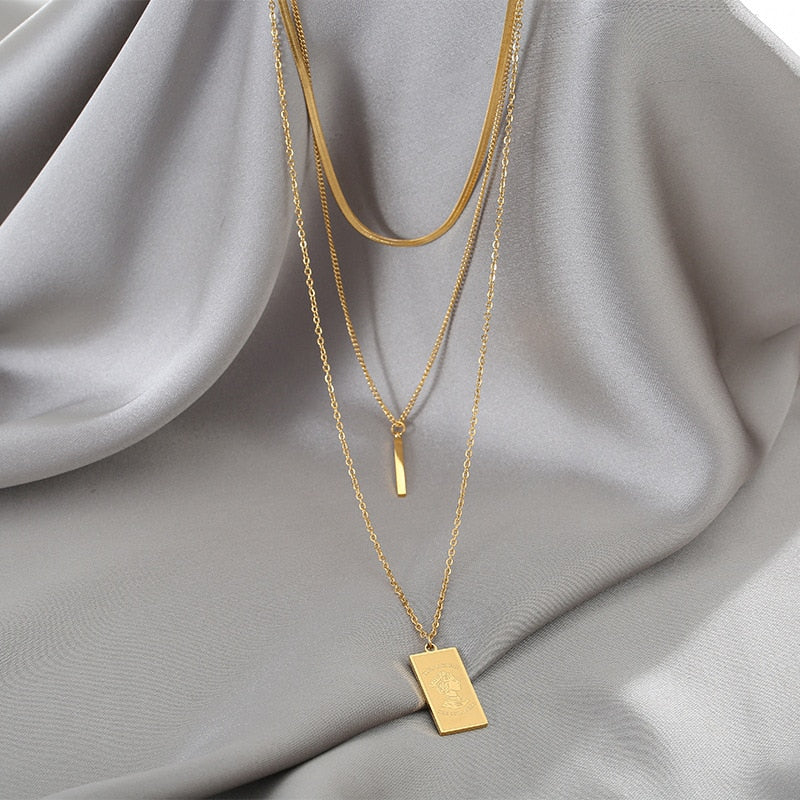 316 Stainless Steel Multi-layer Gold Color Bar Queen Elizabeth Portrait Pendant Snake Chains Necklace Collar Women Kpop Jewelry