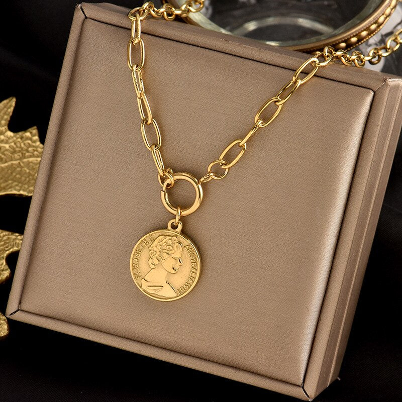 316 Stainless Steel Multi-layer Gold Color Bar Queen Elizabeth Portrait Pendant Snake Chains Necklace Collar Women Kpop Jewelry