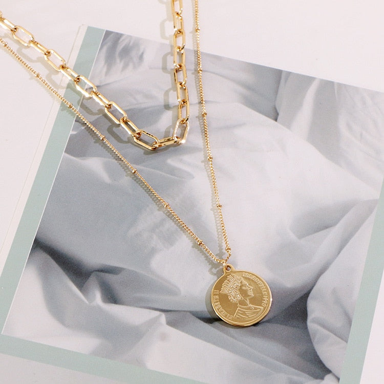 316 Stainless Steel Multi-layer Gold Color Bar Queen Elizabeth Portrait Pendant Snake Chains Necklace Collar Women Kpop Jewelry