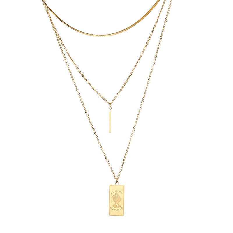 316 Stainless Steel Multi-layer Gold Color Bar Queen Elizabeth Portrait Pendant Snake Chains Necklace Collar Women Kpop Jewelry