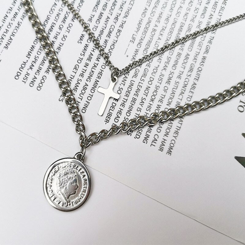 316 Stainless Steel Multi-layer Gold Color Bar Queen Elizabeth Portrait Pendant Snake Chains Necklace Collar Women Kpop Jewelry