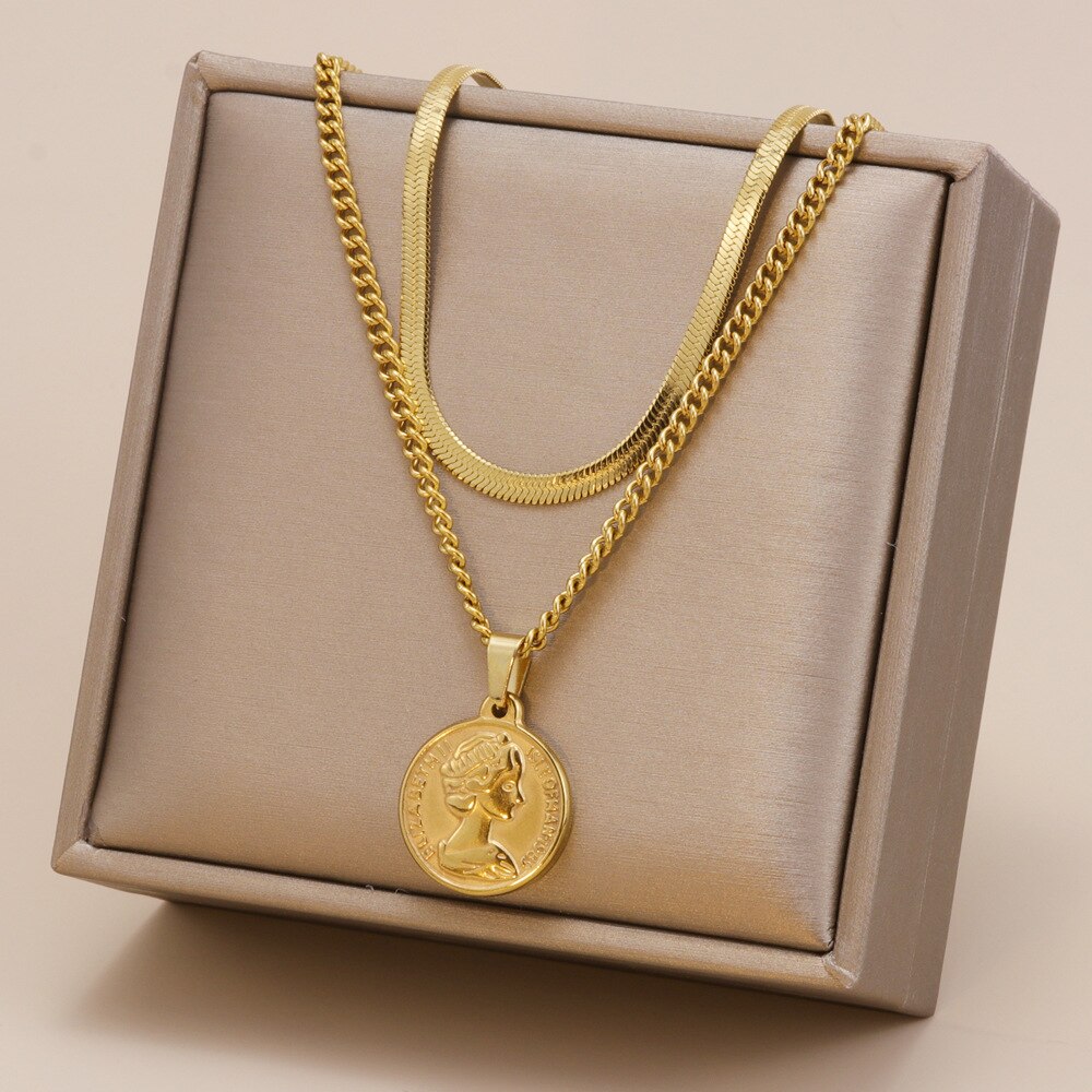 316 Stainless Steel Multi-layer Gold Color Bar Queen Elizabeth Portrait Pendant Snake Chains Necklace Collar Women Kpop Jewelry