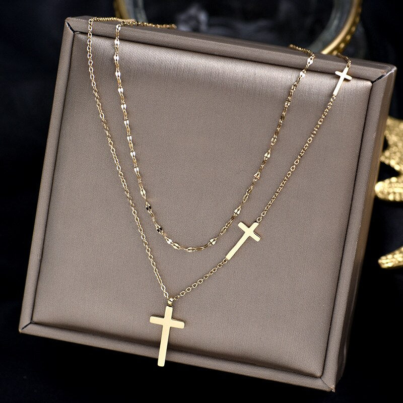 316L Stainless Steel Cross Double Layer Necklace Female Chocker Simple Double Layer Cross Necklace For Women No fade