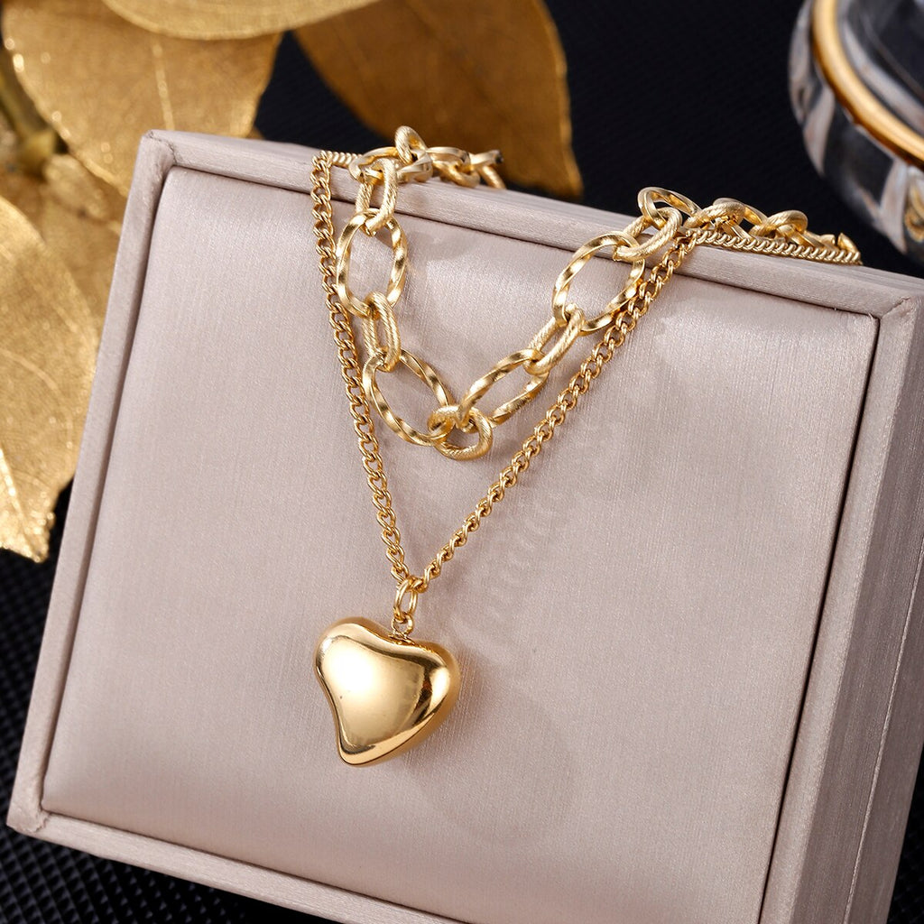 316L Stainless Steel Double Layered Love Heart Pendant Necklace For Women Vintage Punk Golden Clavicle Chain Jewelry