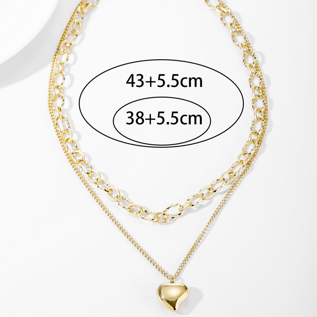 316L Stainless Steel Double Layered Love Heart Pendant Necklace For Women Vintage Punk Golden Clavicle Chain Jewelry