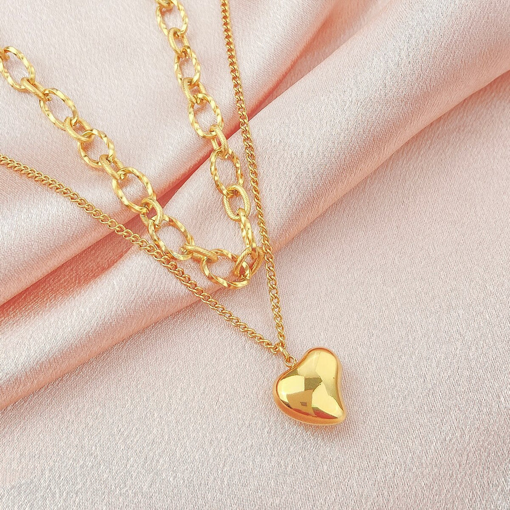 316L Stainless Steel Double Layered Love Heart Pendant Necklace For Women Vintage Punk Golden Clavicle Chain Jewelry