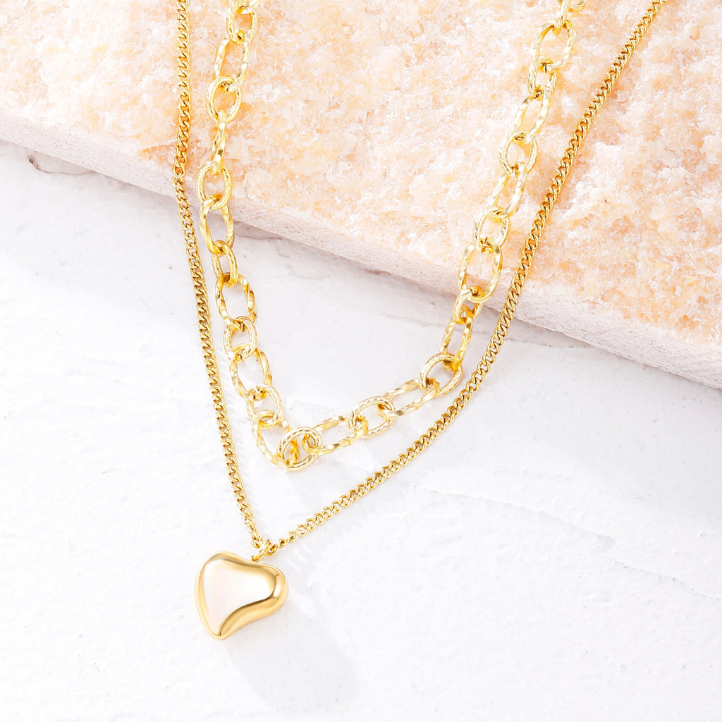 316L Stainless Steel Double Layered Love Heart Pendant Necklace For Women Vintage Punk Golden Clavicle Chain Jewelry