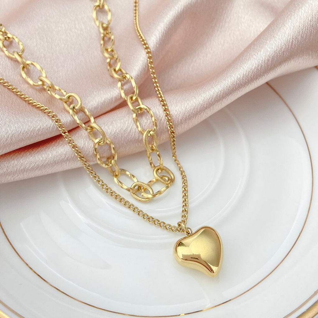 316L Stainless Steel Double Layered Love Heart Pendant Necklace For Women Vintage Punk Golden Clavicle Chain Jewelry