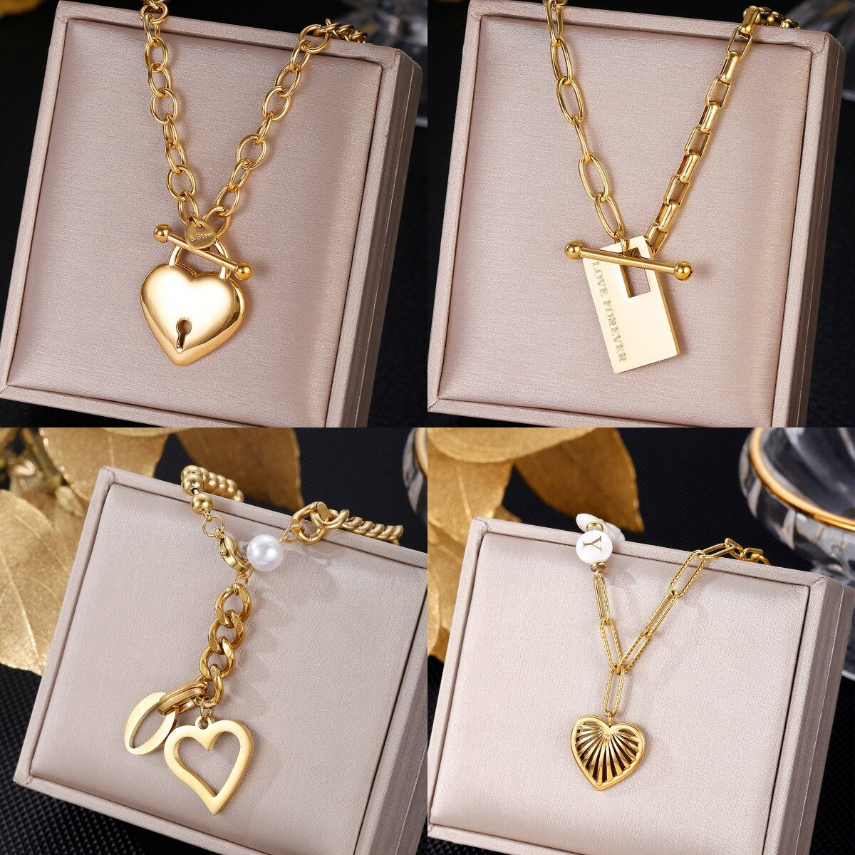 316L Stainless Steel Gold Color Heart Pearl Pendant Necklace For Women Punk Street Rustproof Neck Jewelry Party Gift