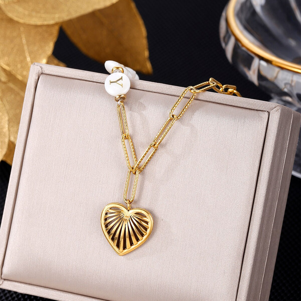 316L Stainless Steel Gold Color Heart Pearl Pendant Necklace For Women Punk Street Rustproof Neck Jewelry Party Gift