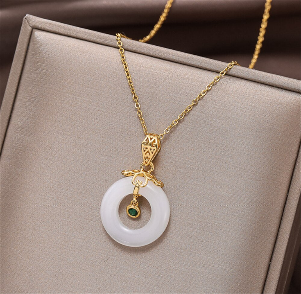 316L Stainless Steel Gold  Smart Safe Clasp Titanium Steel Necklace Female Trendy White Jade Pendant Does Not Fade