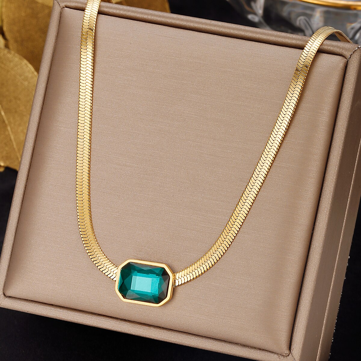 316L Stainless Steel Green Cubic Pendant Necklace For Women Trend Snake Chain Girl Neck Crystal Jewelry Party Gift Bijoux