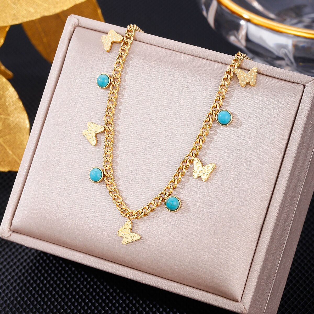 316L Stainless Steel Green Stone Crystal Necklace For Women Bohemian Ethnic Chain Butterfly Choker Wedding Party Jewelry Gift