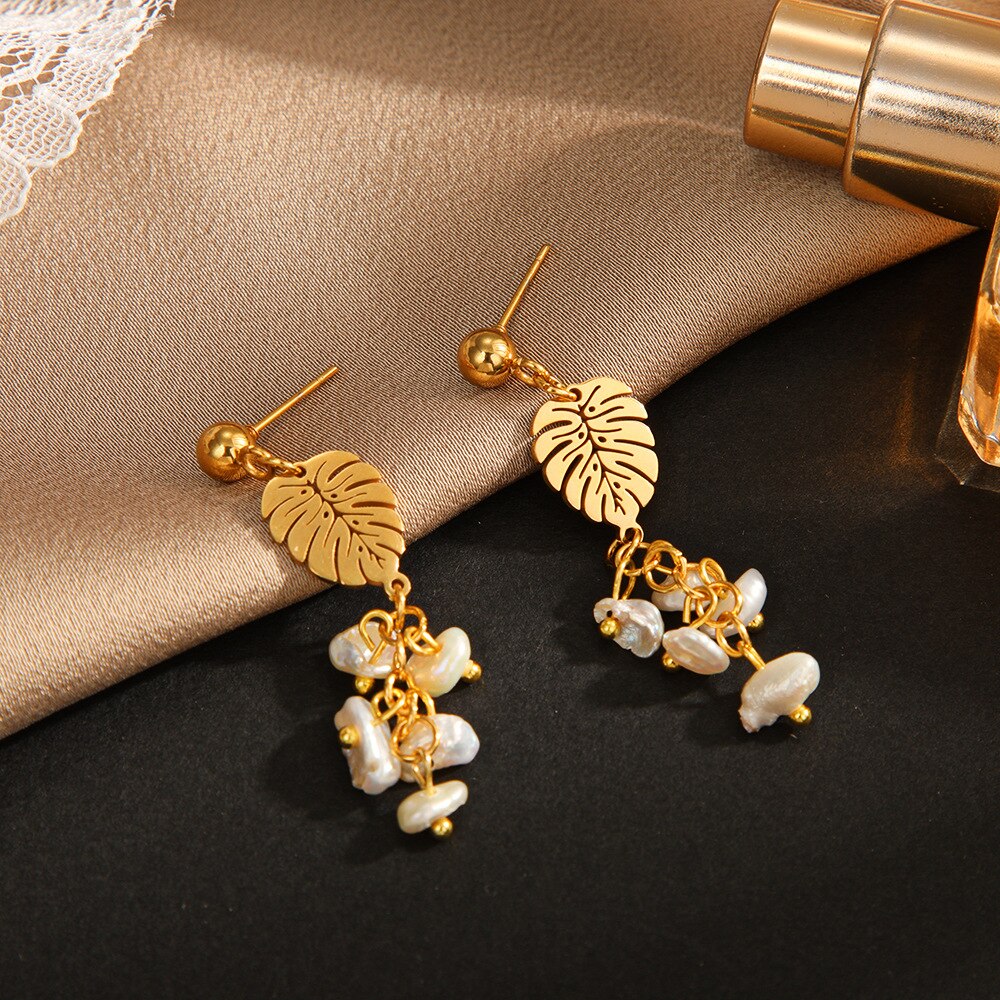 316L Stainless Steel Green Stone Leaves Statement Vintage Drop Earrings For Women Brincos Des Boucles D'oreilles New