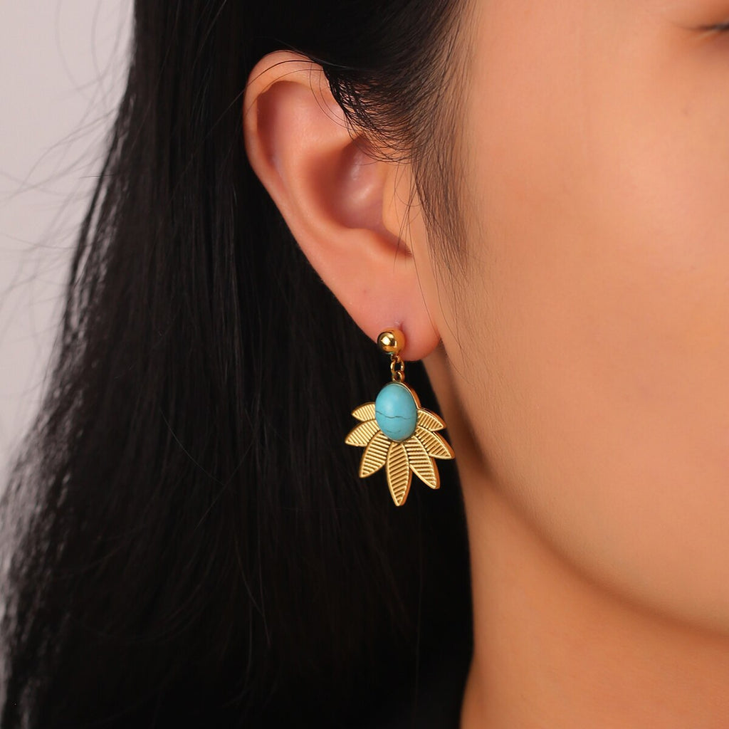 316L Stainless Steel Green Stone Leaves Statement Vintage Drop Earrings For Women Brincos Des Boucles D'oreilles New
