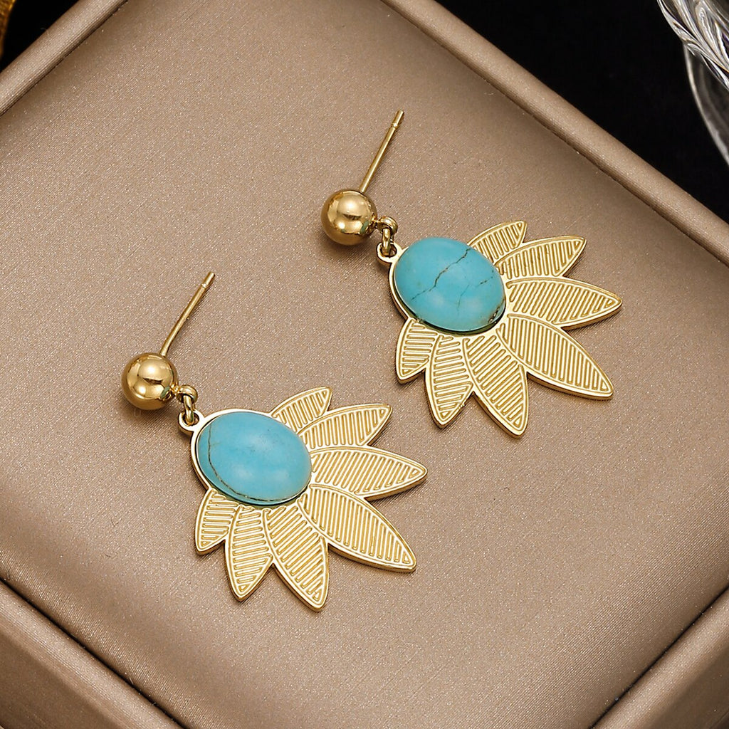 316L Stainless Steel Green Stone Leaves Statement Vintage Drop Earrings For Women Brincos Des Boucles D'oreilles New