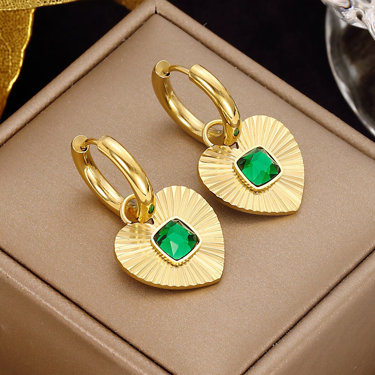 316L Stainless Steel Heart Hoop Green Zircon Earrings For Women Girls Ears Jewelry Birthday Party Gifts Bijoux Trend