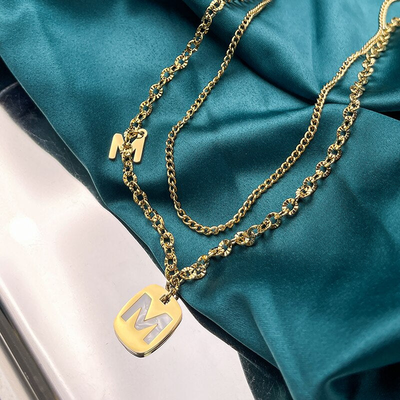 316L Stainless Steel Hip Hop PunkVintage Multilayer Letter M Pendant Necklace For Women Double Layer Chain Necklace Jewelry