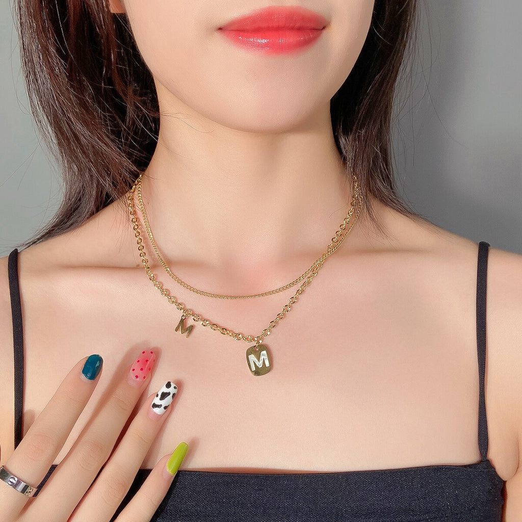 316L Stainless Steel Hip Hop PunkVintage Multilayer Letter M Pendant Necklace For Women Double Layer Chain Necklace Jewelry