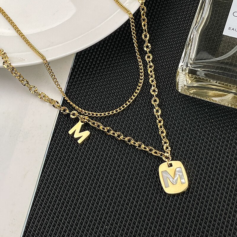 316L Stainless Steel Hip Hop PunkVintage Multilayer Letter M Pendant Necklace For Women Double Layer Chain Necklace Jewelry