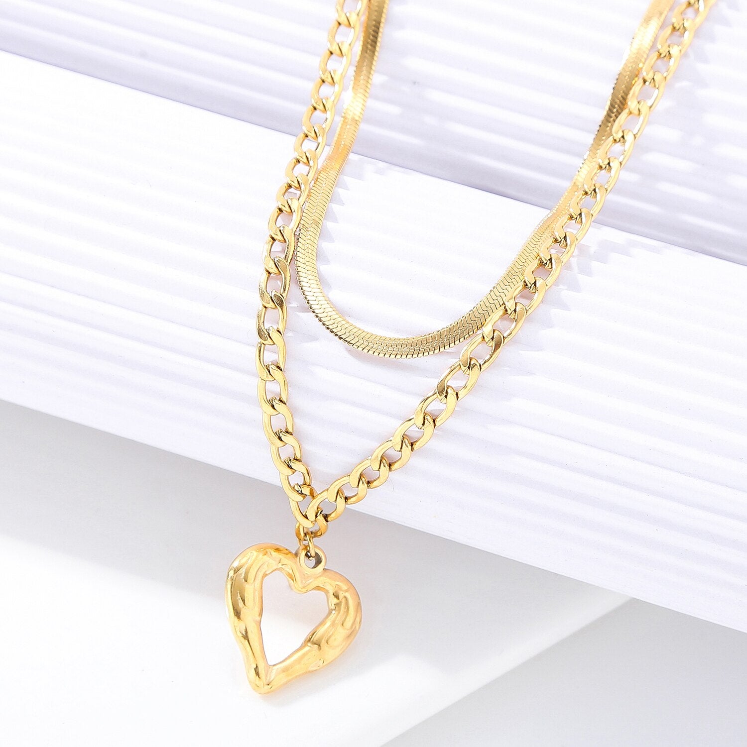 316L Stainless Steel Hollow Out Heart Pendant Multilayer Snake Chain Choker Necklace For Women bijoux acier inoxidable femme