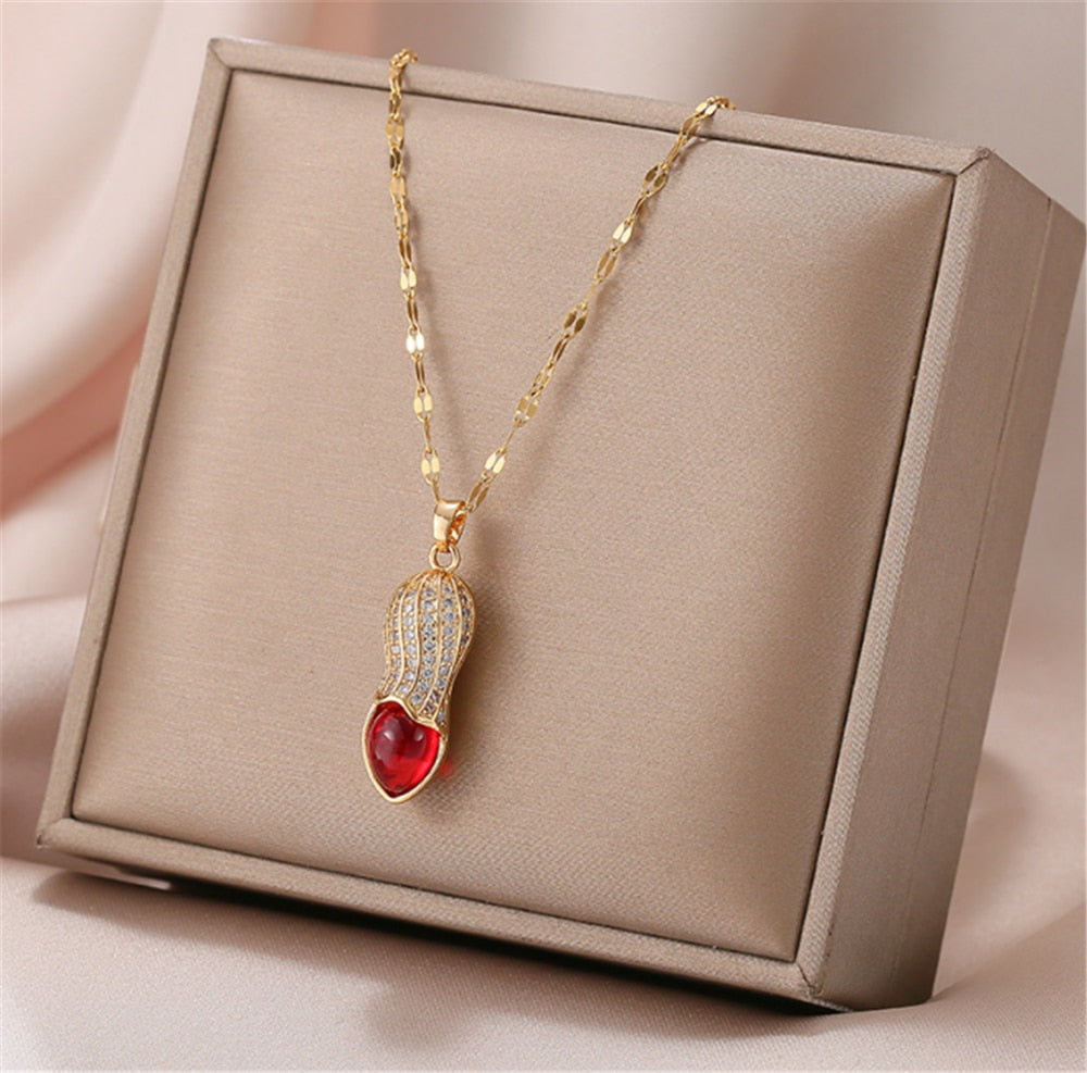 316L Stainless Steel Inlaid Crystal Red Peanut Pendant Garnet Longevity Fruit Pendant Jewelry No Fade