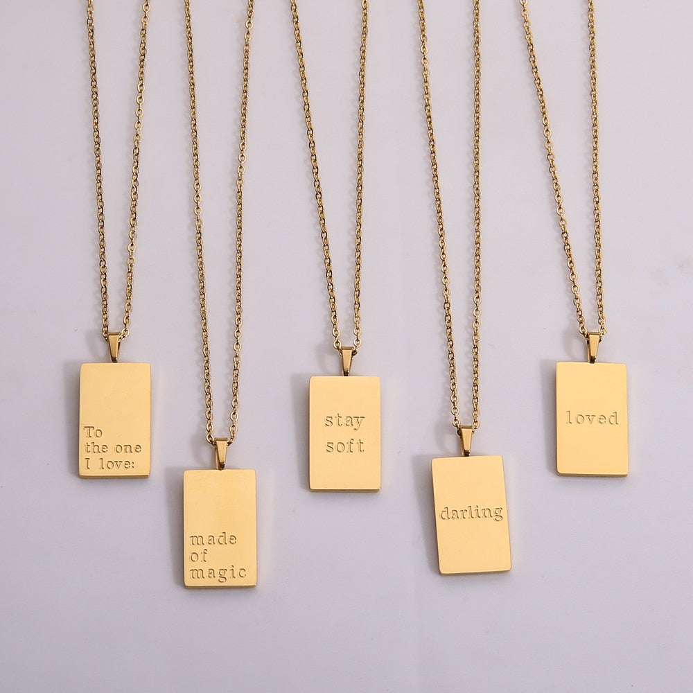 316L Stainless Steel Inspirational Necklace Gold Plated Engraved Letters Square Pendant Beads Chain Necklace For Women Girls
