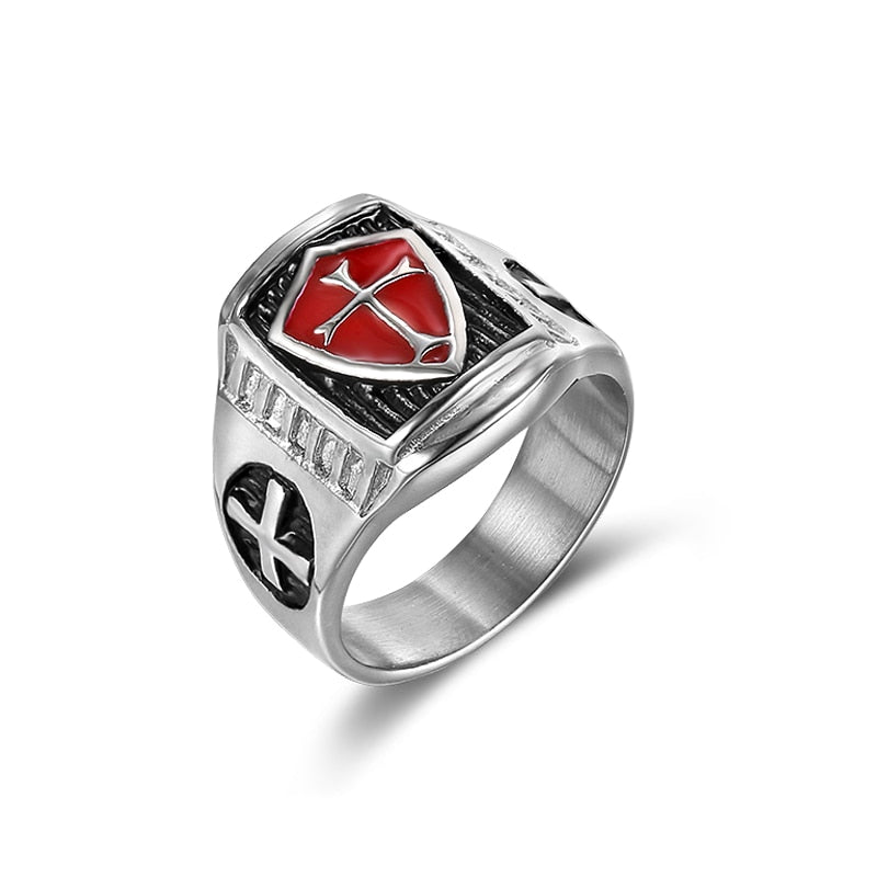 316L Stainless Steel Knight Templar Crusader Cross Ring Red Enamel Retro Punk Finger Ring for Male Fashion Jewelry