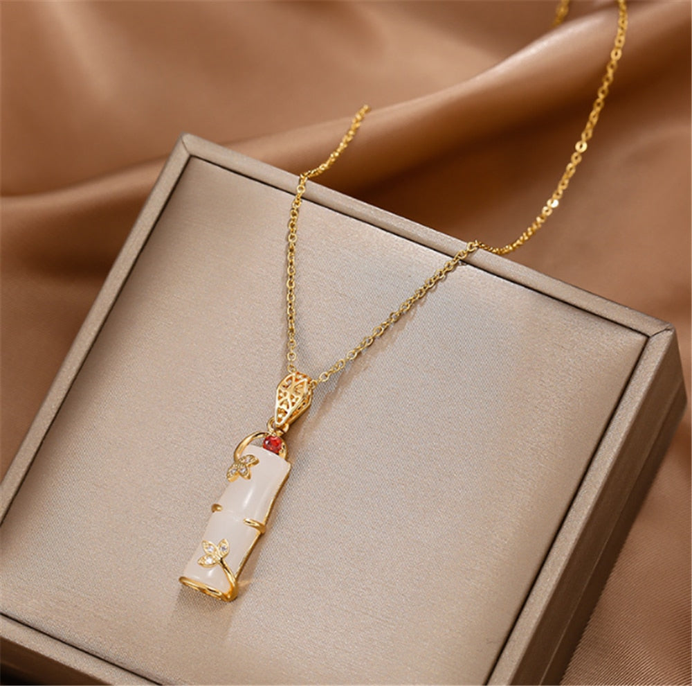 316L Stainless Steel Large Bamboo Knot Titanium Steel Necklace Female White Jade Cat's Eye Bamboo Pendant Necklace No Fade