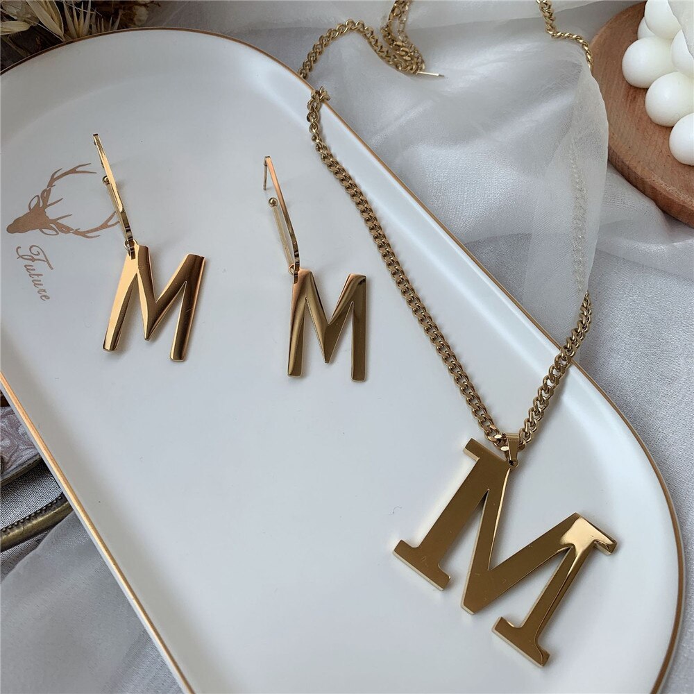 316L Stainless Steel Letter Big M Earrings Necklace Set Titanium Steel Letter M Woman Jewelry Set