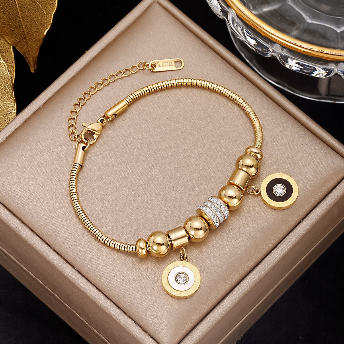 316L Stainless Steel Roman Number Zircon Bracelet For Women Girls Charm Gold Color Beads Bracelets Party FashionJewelry Gifts