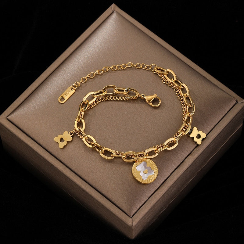316L Stainless Steel Roman Number Zircon Bracelet For Women Girls Charm Gold Color Beads Bracelets Party FashionJewelry Gifts