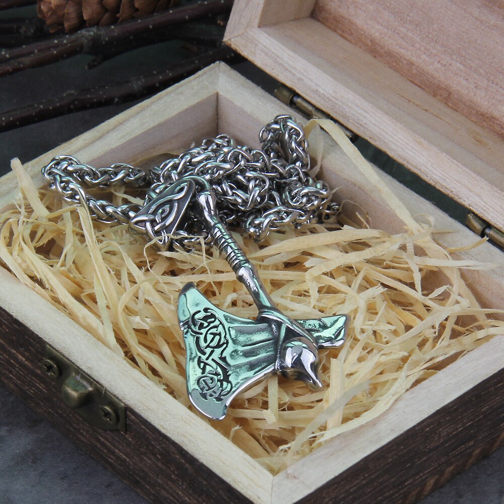 316L Stainless steel Celtic knot axe pendant necklace viking scandinavian norse man punk rock Vintage jewelry with wooden box