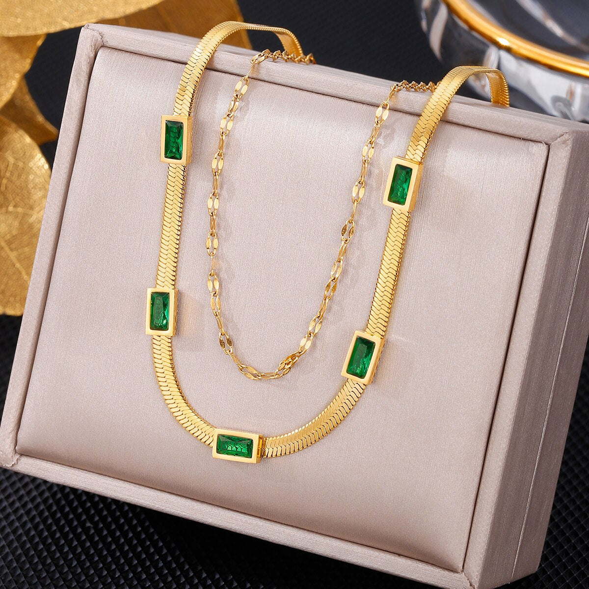 316l Stainless Steel Green Stone Crystal Hip-Hop Multilayer Pendant Chain Necklace For Women Wedding Party Accessorie