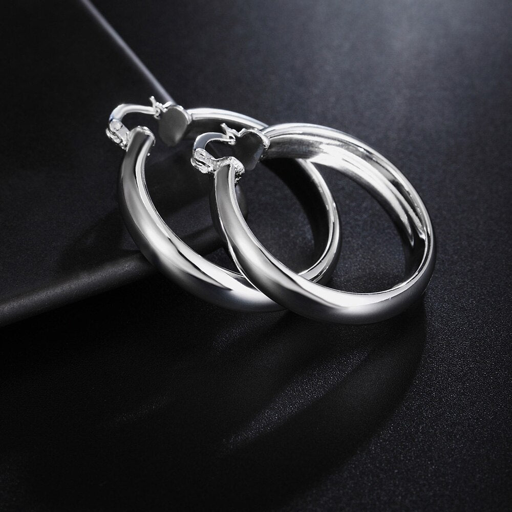 34MM 925 Stamp Silver Color Smooth Circle Big Hoop Earrings For Women Jewelry Wedding Christmas Gift GaaBou Jewellery