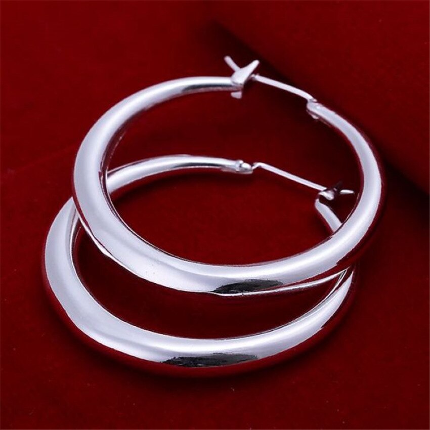 34MM smooth Round Circle Hoop earrings for women 925 Stamp Silver Color party  jewelry 2022 Christmas