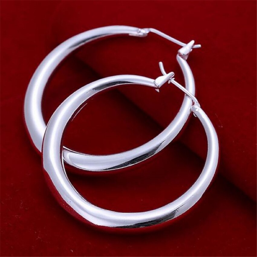 34MM smooth Round Circle Hoop earrings for women 925 Stamp Silver Color party  jewelry 2022 Christmas