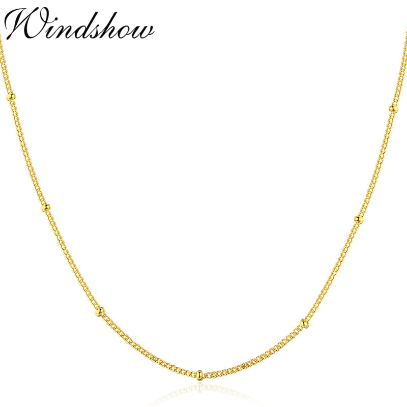 35-80cm Slim 925 Sterling Silver w/ Gold Colour Beads Curb Chain Choker Necklaces For Women Girls Jewelry kolye collares ketting