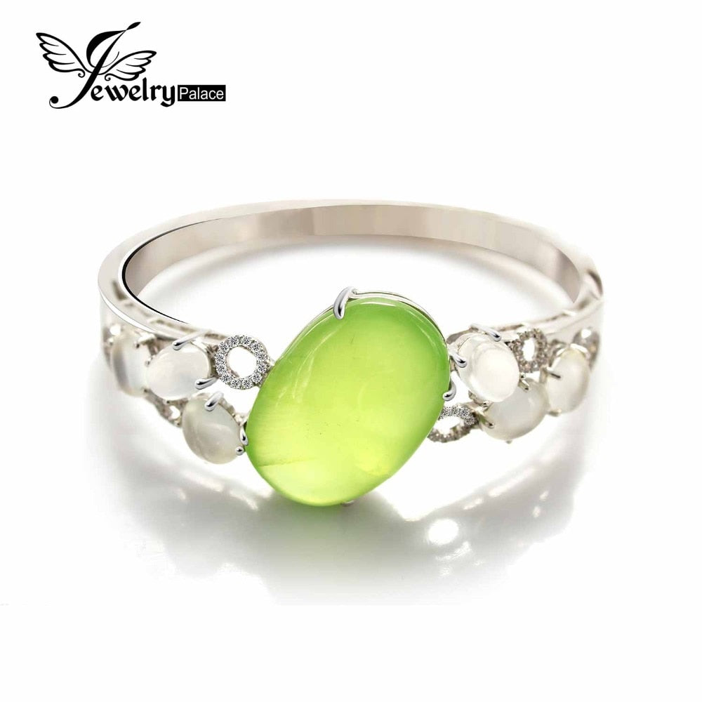37.2ct Luxury Oval Prehnite Moonstone Bangles Solid 925 Sterling Silver Fabulous Women Fine Jewelry Never Be Oxided & Tarnished