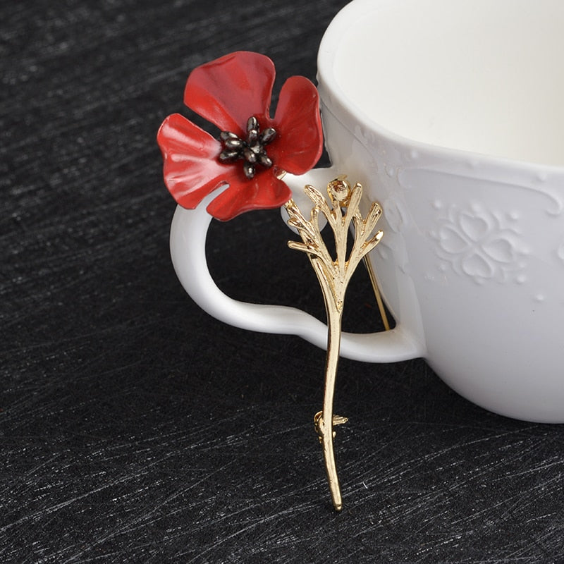 3D Vintage Red Poppy Flower Squid Brooch Pin Collar Corsage Gold Silver Black Pins Shirt Badge Vintage Jewelry Gift for Women