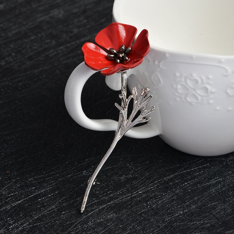 3D Vintage Red Poppy Flower Squid Brooch Pin Collar Corsage Gold Silver Black Pins Shirt Badge Vintage Jewelry Gift for Women