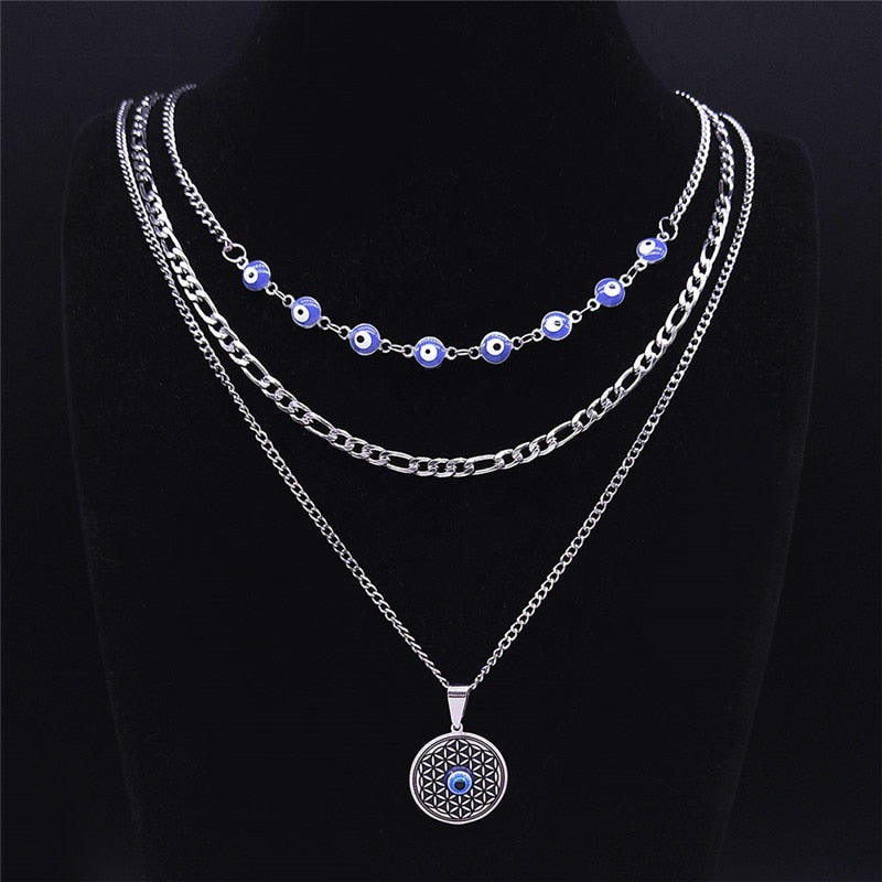 3PCS Blue Turkey Eye Stainless Steel Necklace Pendant Women Flower of Life Necklace Jewelry bijoux femme N1782S01