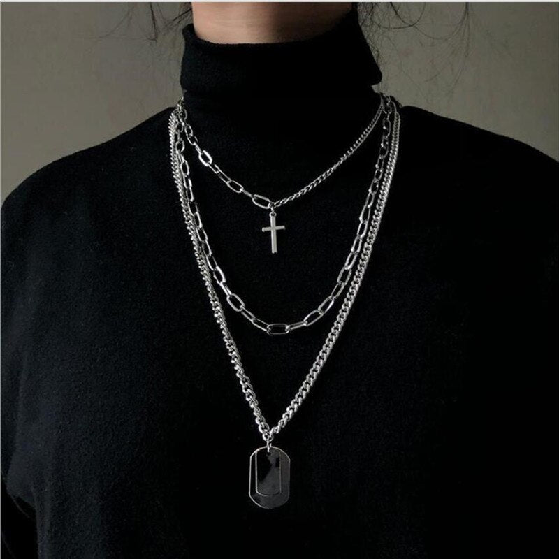 3PCS Multilayer Silver Color Metal Chain Cross Necklace Couple Hip Hop Punk Geometric Pendant Necklaces for Women Men
