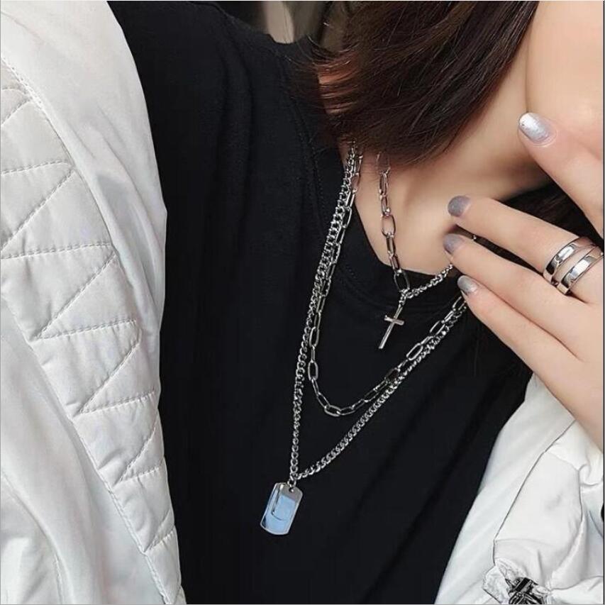 3PCS Multilayer Silver Color Metal Chain Cross Necklace Couple Hip Hop Punk Geometric Pendant Necklaces for Women Men