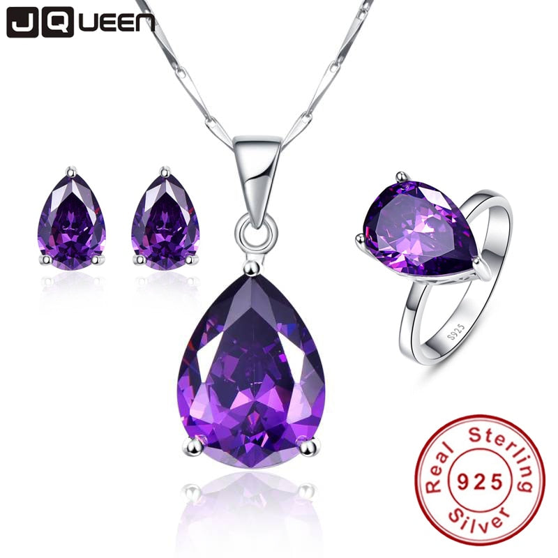 3PCS/Set Luxury Women Wedding Water Drop Earrings Amethyst Pendant Necklace Rings Bridal Fine Jewelry Sets Silver 925 Jewelry